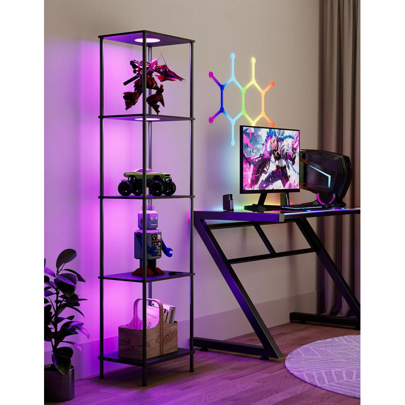 5-Tier Display Shelf Floor Lamp With RGBW Color Changing Lights, Adjustable Brightness & Modes, Corner Standing Column Etagere Organizer For Living Room, Bedroom, Office Decor - Black