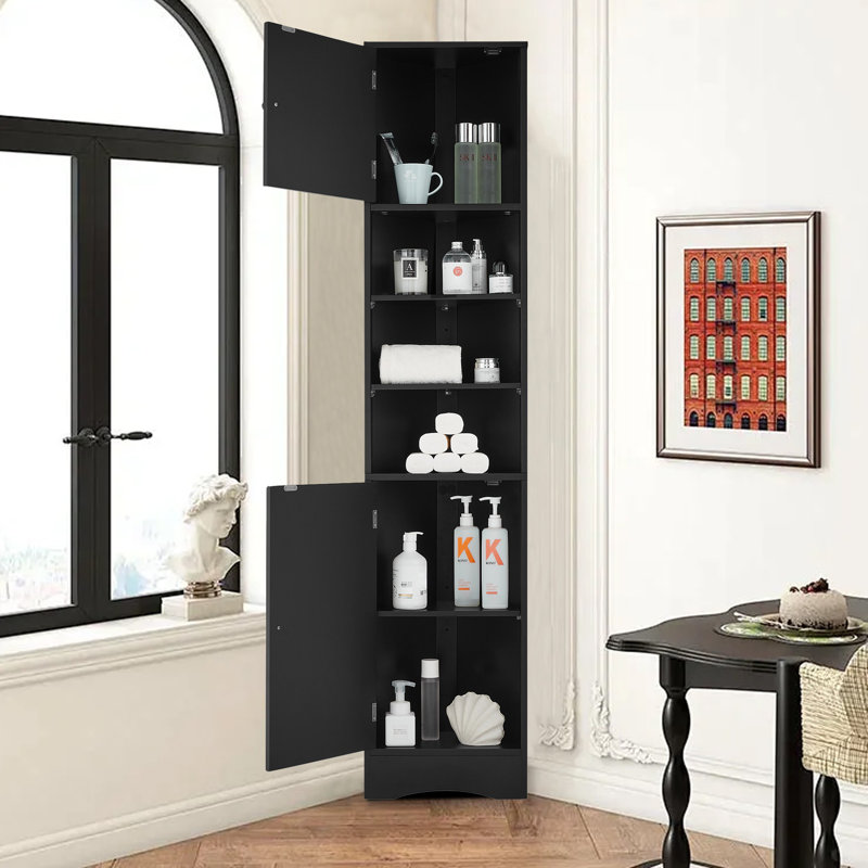 Multi Functional Corner Cabinet With Two Doors And Adjustable Shelves, Black