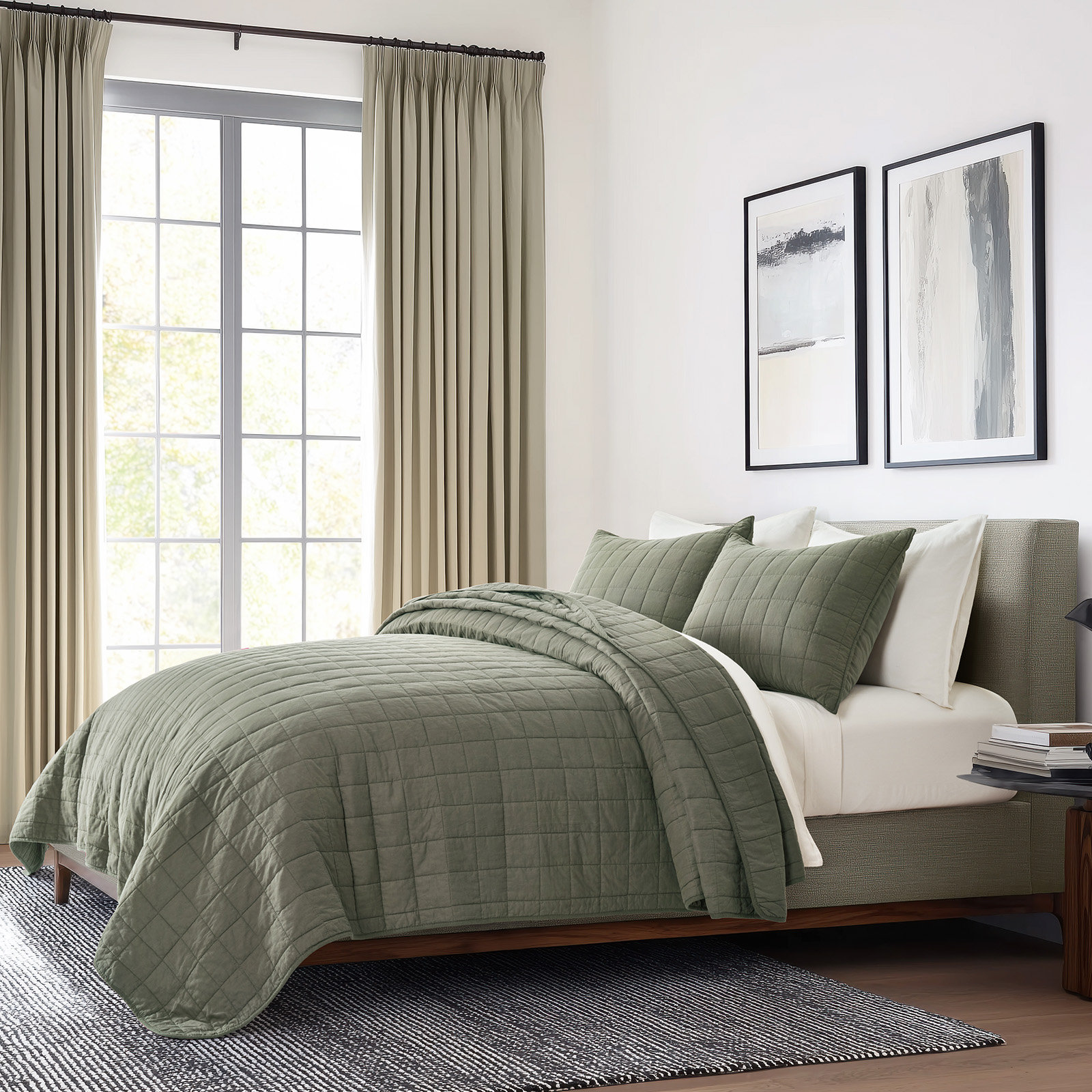 Cotton Quilt Set, King Quilt + 2 King Shams, Olive Green