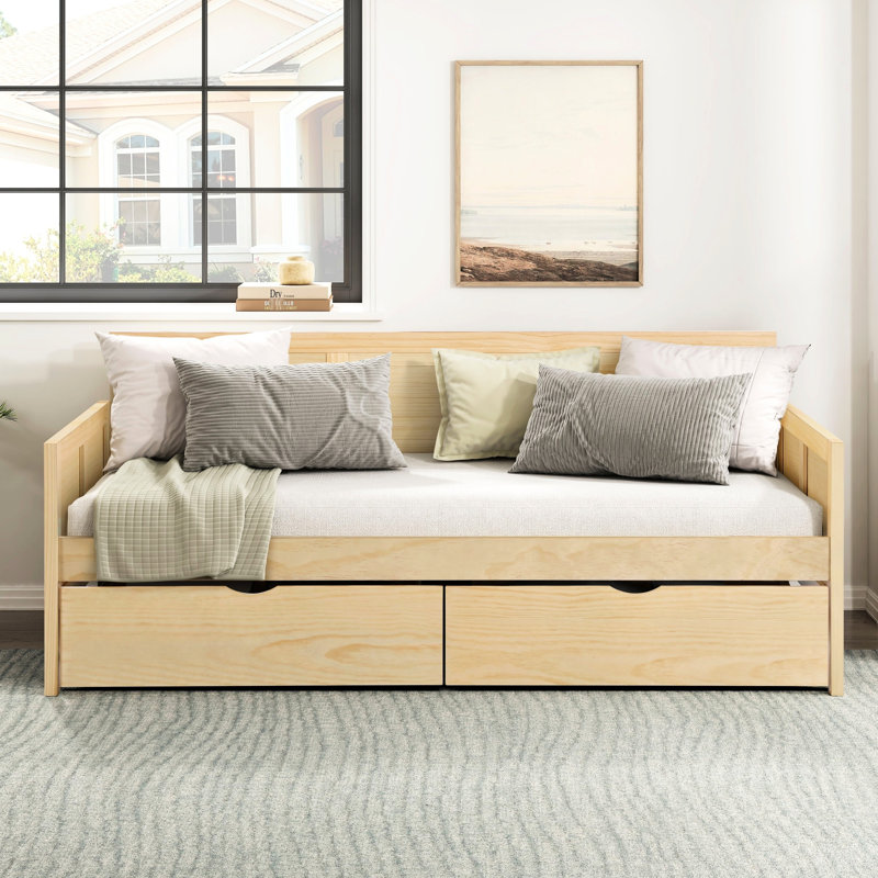 Lit de jour avec coffres de rangement en pin, moderne et confortable, deux places, fini naturel, idéal pour le salon et gain de place dans n'importe quelle pièce.