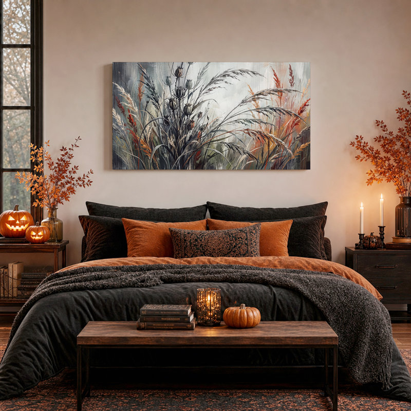Toile murale d'Halloween : Hautes herbes et gousses de graines, rouille et gris, 32“W x 16”H