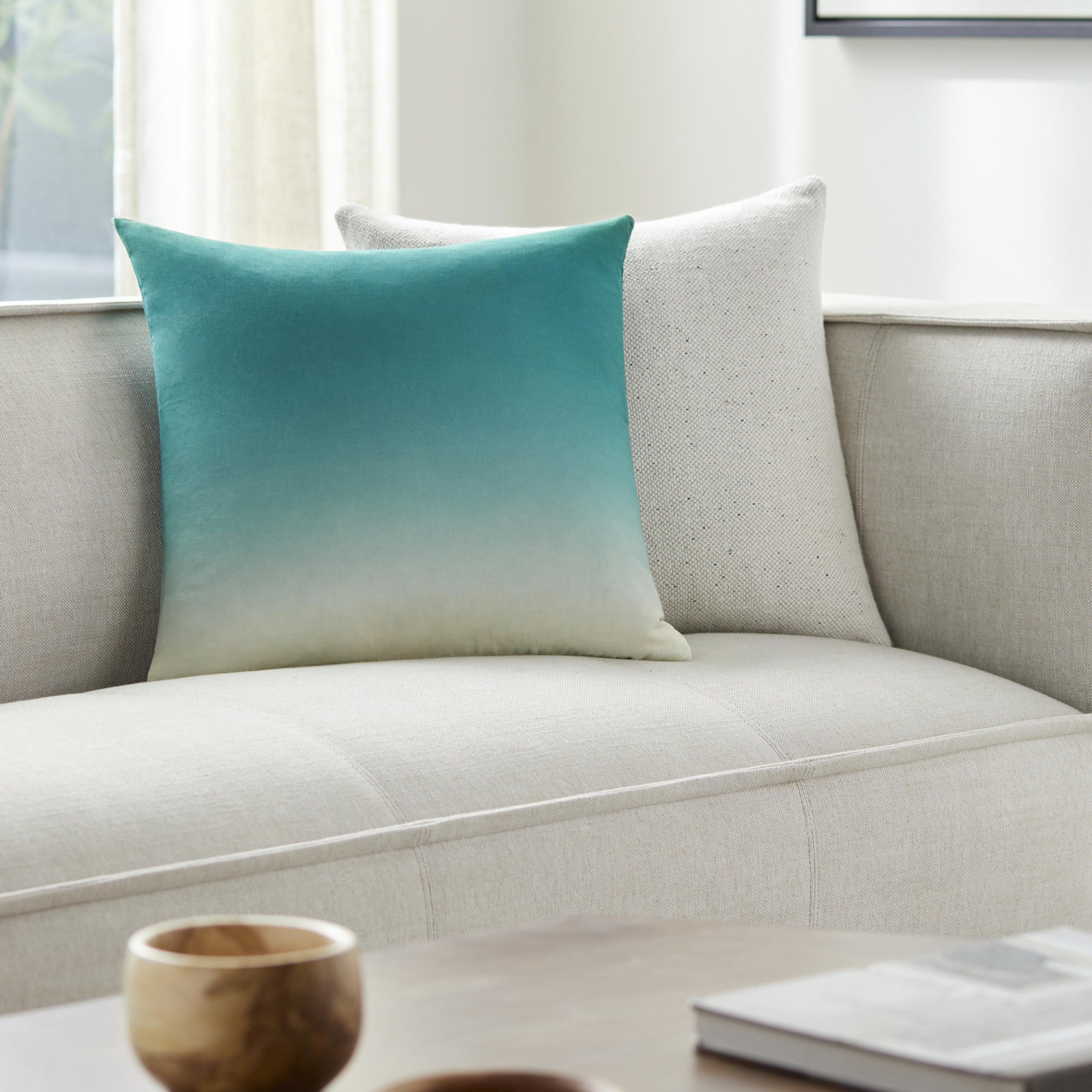Deadra Ombre Linen Throw Pillow, Down, 18" x 18", Emerald