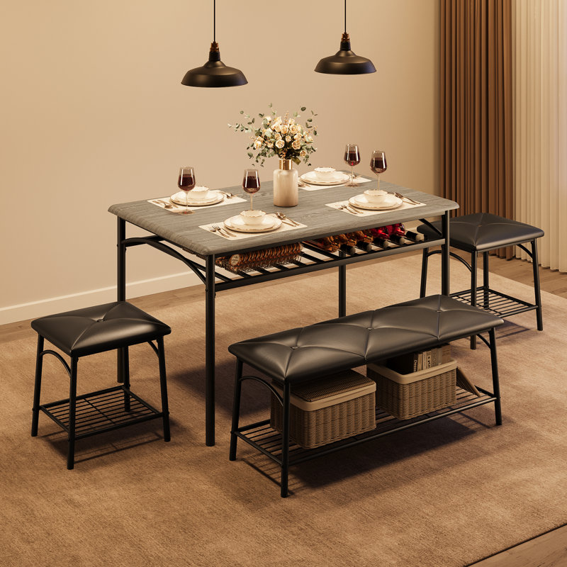 Ensemble de table de salle à manger 4 pièces pour 4 personnes, table de cuisine industrielle en panneau de fibres à densité moyenne avec tablette de rangement sous la table, 1 banc rembourré en polyuréthane et 2 tabourets, ensemble de salle à manger pour petit appartement gris