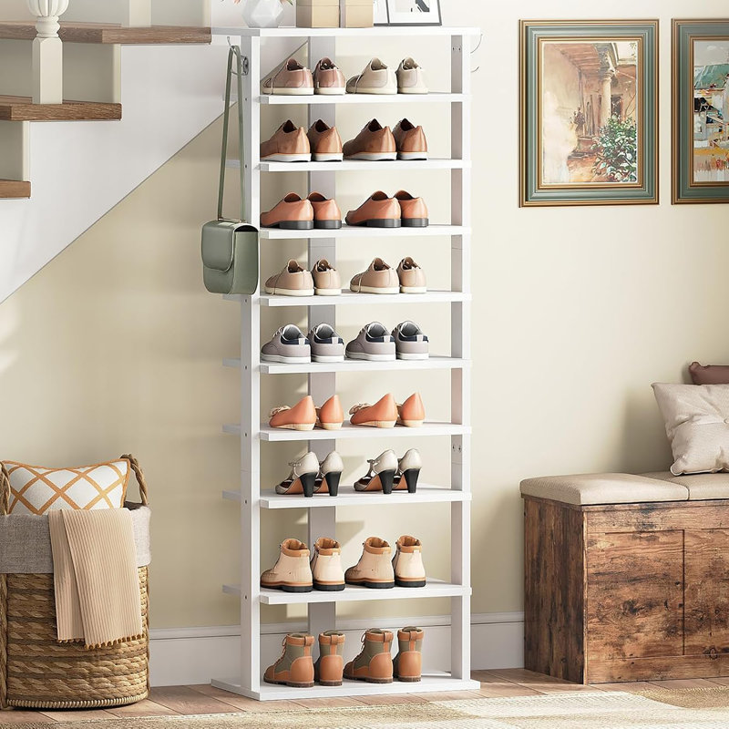Narrow 10 - Tiers Shoe Storage Tower, Wooden Shoe Rack with Hooks, White
