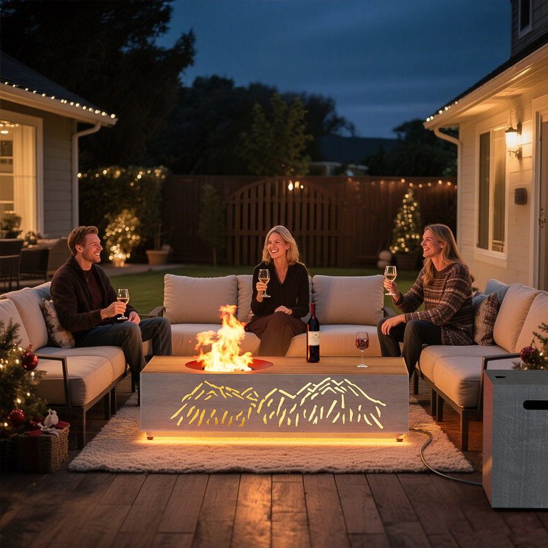Table de foyer au gaz propane 48 "de 50 000 BTU avec motifs de montagnes enneigées avec lumière dorée et table de rangement pour réservoir