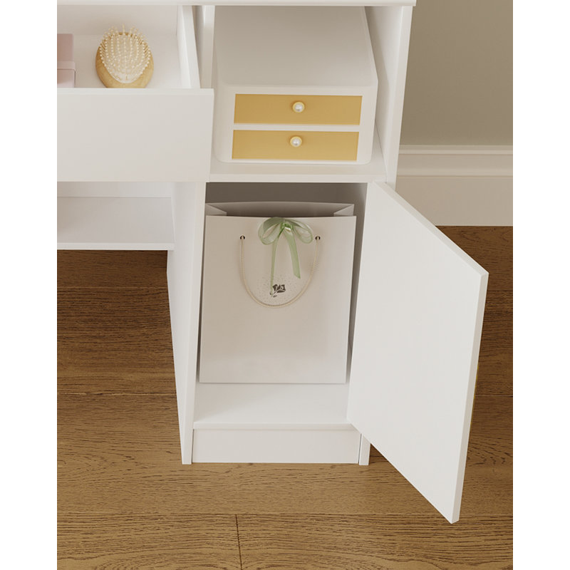 Vanity Desk with Mirror and 10 LED Lights, 3 Levels of Adjustable Brightness, Dresser Table with Hidden and Open Shelves