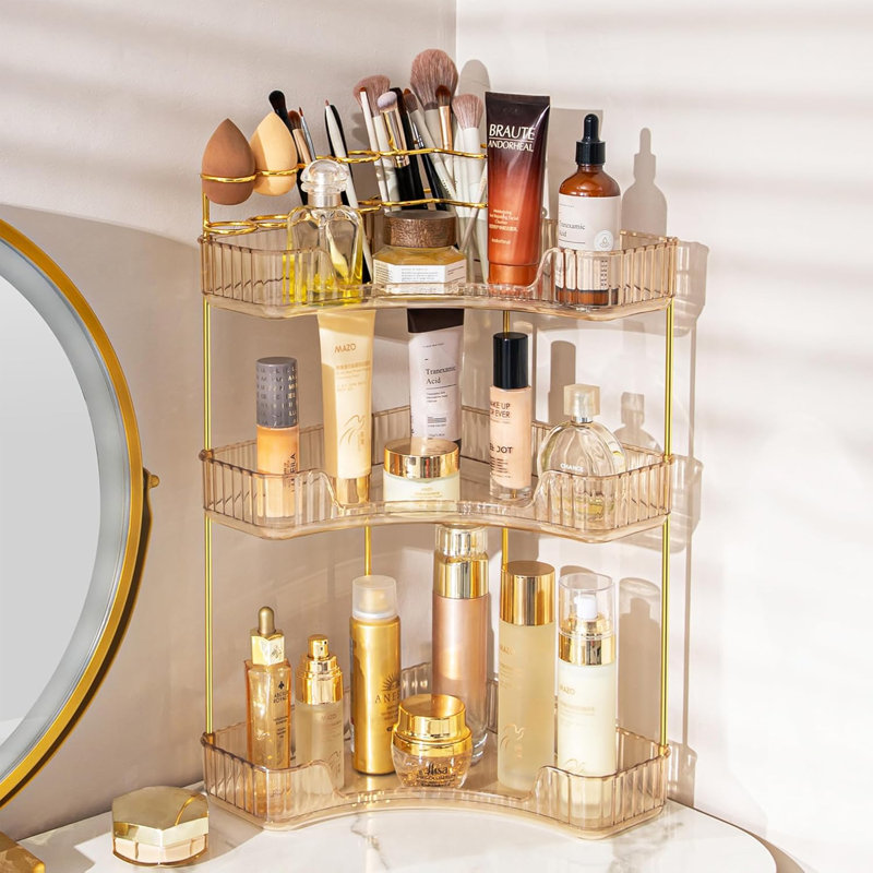 Organisateur de salle de bain d'angle à 3 niveaux avec porte-brosse - Rangement spacieux pour le maquillage, les soins de la peau et les parfums