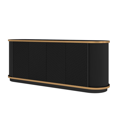 Meuble télé 63 po à 4 portes en faux cannelé à plateau diagonal avec rangement et garniture dorée pour salle à manger et salon
