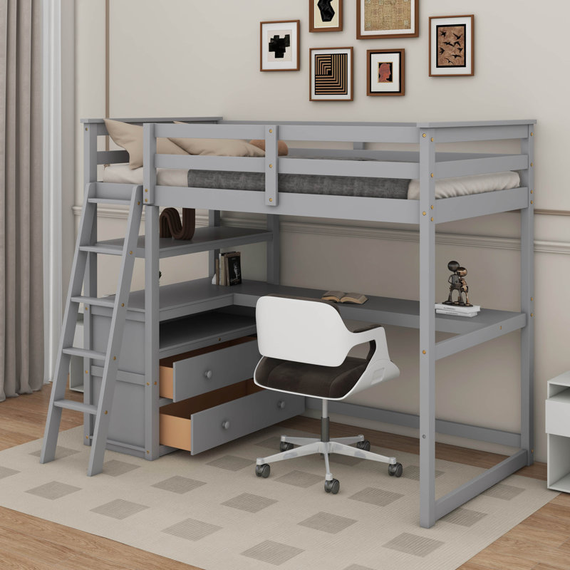 Lit mezzanine simple avec bureau et tablettes, Gris