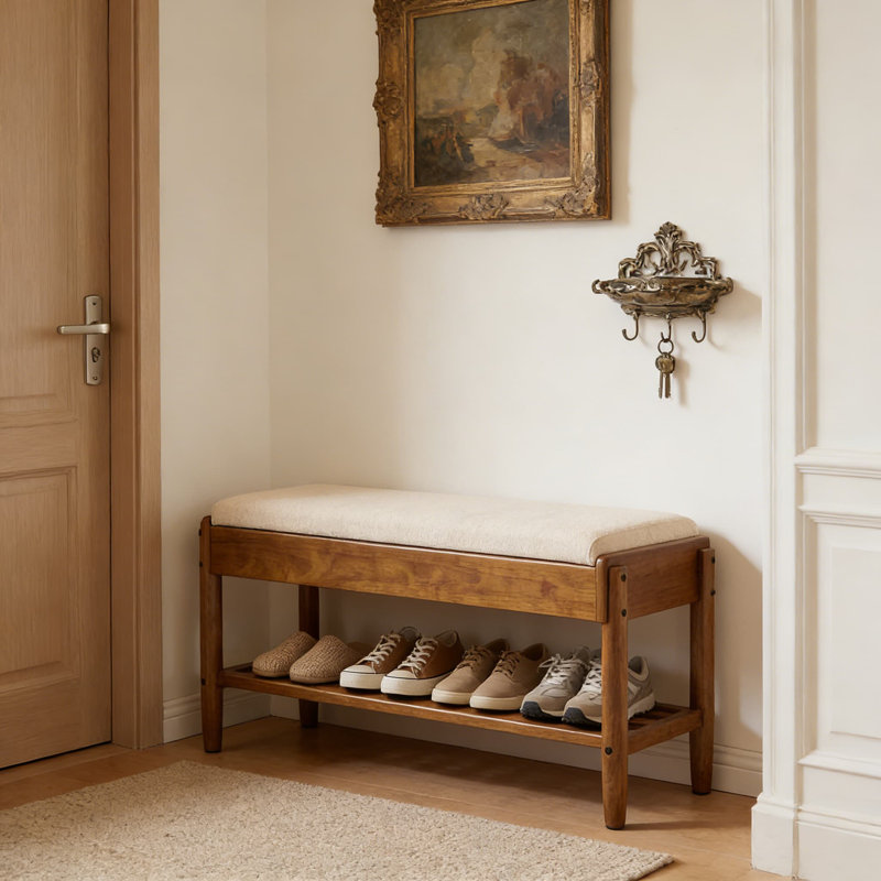 Solid Wood Shoe Bench With Storage Seat And Flip-Top Compartment, 2-Tier Shoe Rack Organizer For Entryway, Hallway, And Living Room