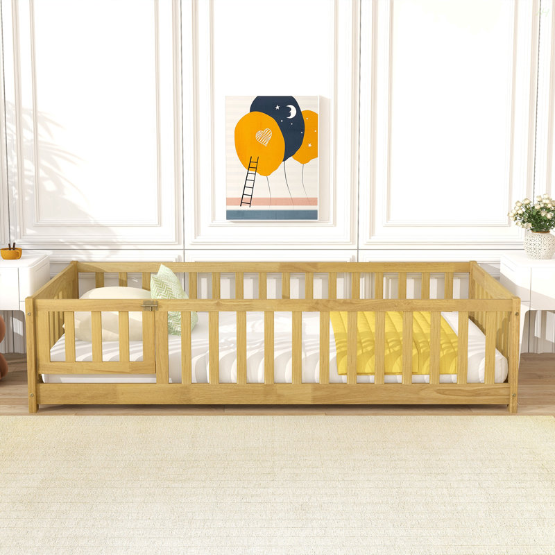 Twin Size Floor Bed With Fence And Door,Rubber Wood Floor Bed With Safety Guardrails