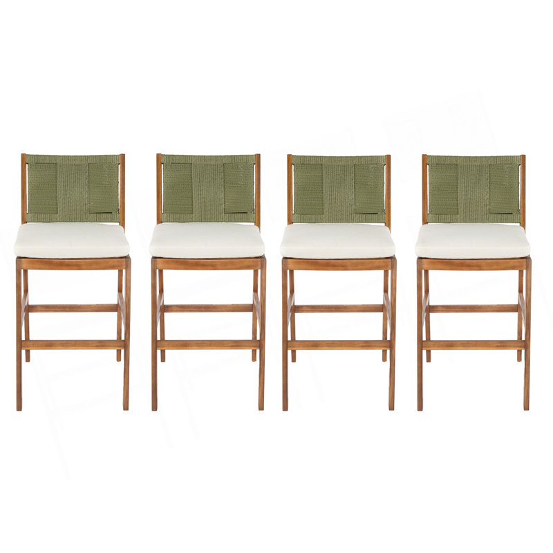 Tabouret de bar d'extérieur 4 pièces en bois d'acacia massif et osier tissé Arly, Vert, teck