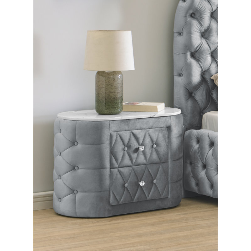 1Pc Oval Faux Marble Top Nightstand 2- Drawers Storage Button Tufted Faux Crystal Tufted, Gray