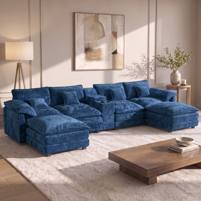 Canapé modulaire en U surdimensionné en chenille avec double console USB et repose-pieds