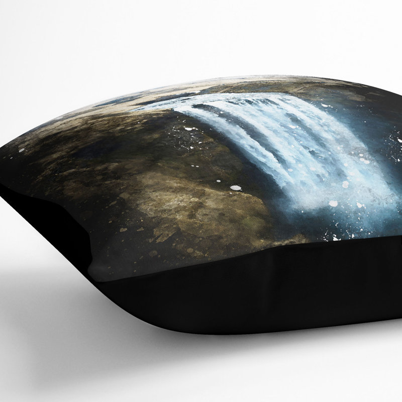 Skogafoss Waterfall Iceland Cushion with Filling, 40cm H x 40cm W x 15cm D, Black