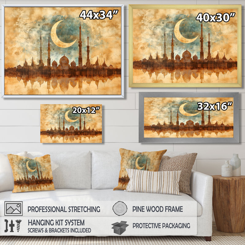 «Endless Reflections Of Crescent Moon Over Mosque II», impression d'art mural paysage de l'Islam, H 12 po x l 20 po, Noir
