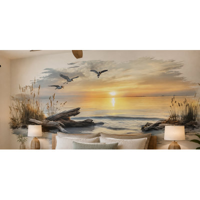 Autocollant mural coucher de soleil sur la côte, décoration murale plage et océan, mouettes, art mural nautique pour chambre, décoration maison de plage 703MV