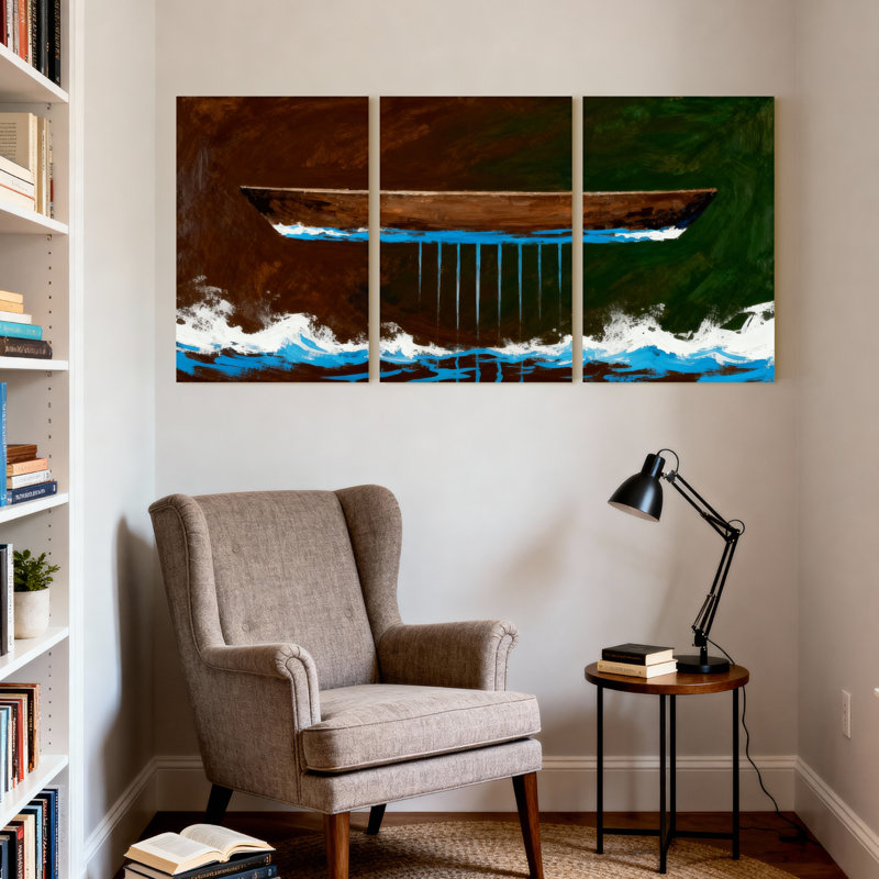 Nautique et plage, bateau sur l'eau avec reflets et vagues, ensemble de 3 impressions sur toile, H 18 po x l 36 po