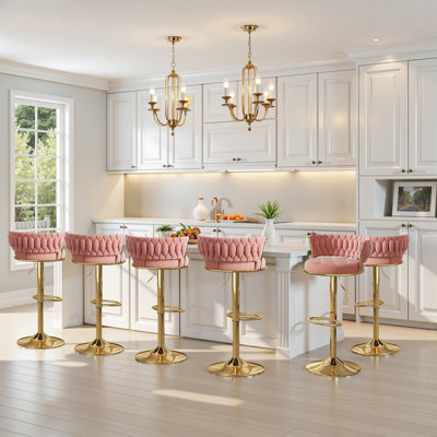 6 Pcs Upholstered Bar Stools With Woven Backrest, Height Adjustable Counter Stools Set Of 6, Swivel Kitchen Stools