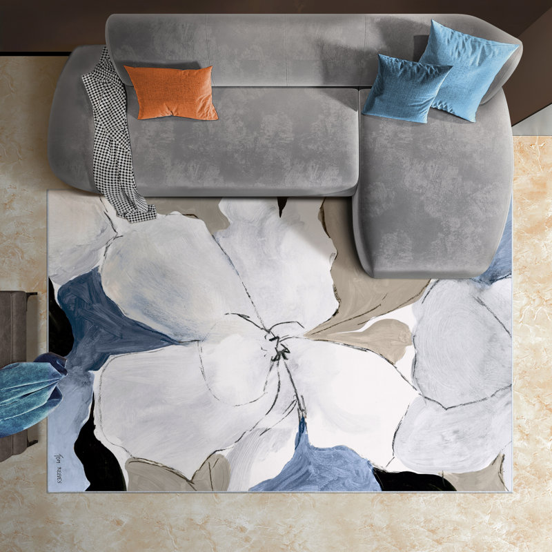 Gray Flowers I Washable Area Rug, Power-loomed, Heavenly Softness with Non-Slipping Backing