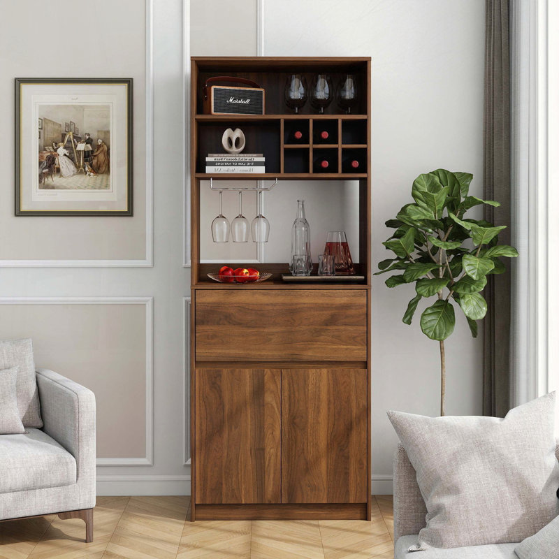 Armoire à vin multifonctionnelle avec tablette en verre noyer brun