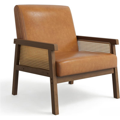 Upholstered Rattan Armchair, Wooden Armrest & Legs Accent Chair for Living Room Reading Room