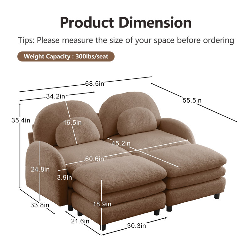 Teddy Fabric Cloud-like Sofa, H 35,4 po x l 68,5 po x P 55,5 po, Chameau