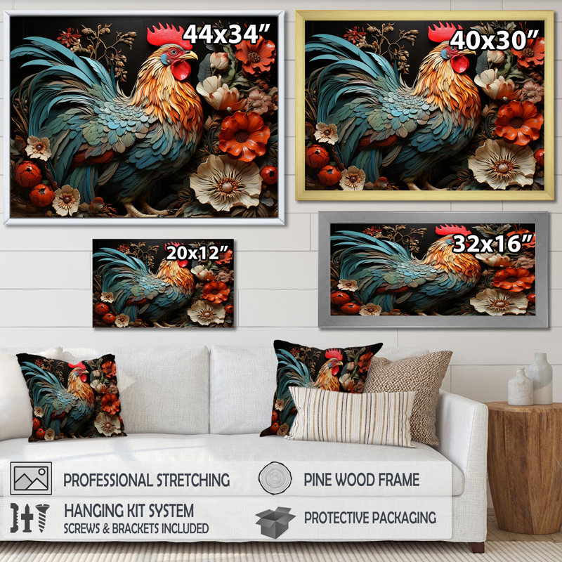 Art mural coq moderne avec coq moderne, H 24 po x l 32 po x P 1 po, Cadre doré à coins fermés