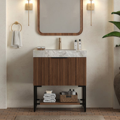 Meuble-lavabo 30 po, armoire de rangement autoportante en contreplaqué rayé avec tiroir et tablette ouverte, comptoir en pierre frittée gris clair et lavabo en céramique encastré, couleur grain de bois noyer foncé pré-assemblé