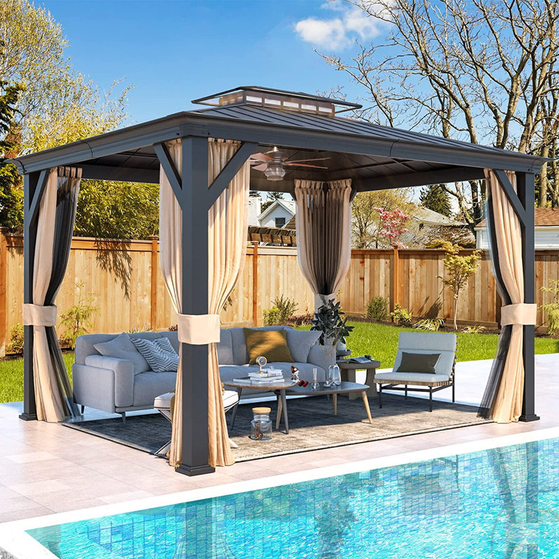 Pavillon de jardin robuste à toit rigide en acrylique 12 po x l 10 pi x P 10 pi, double toit en métal galvanisé à grande couverture, structure en aluminium résistant à la rouille, pour le jardin, le patio et la pelouse