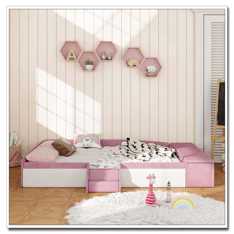 Velvet Upholstered Daybed with Stairs, Gas Lift Storage Ottoman, Queen, Pink+White