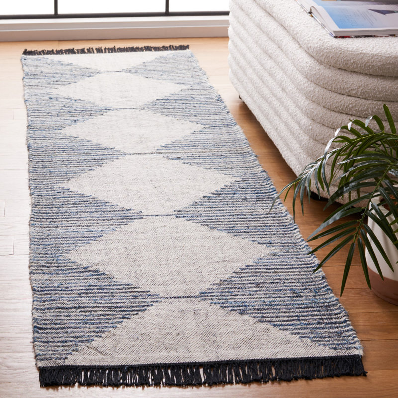 Faynett Flat Weave Wool/Jute Striped Rug in Blue/Ivory, Runner 2'3" x 9'