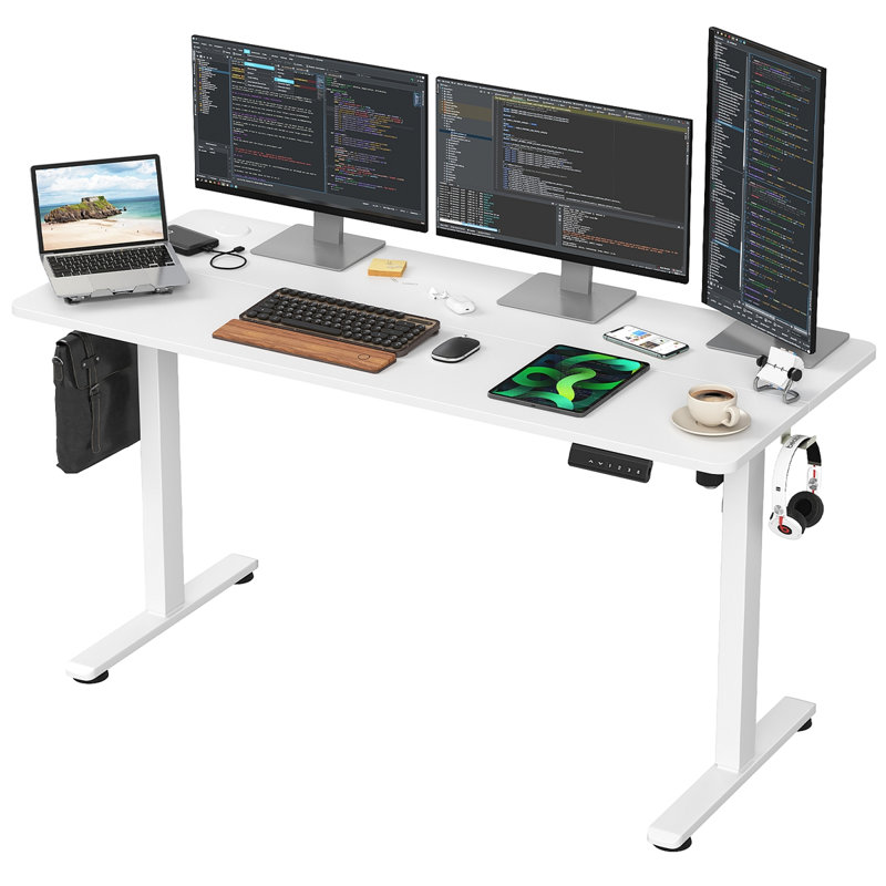 Electric Standing Desk Adjustable Height Sit Stand Home Office Desk With Splice Board, White, 45.05" H x 56.35" W x 24.05" D