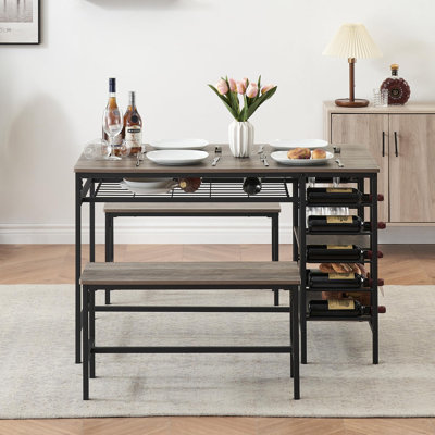 47" 3-Piece Rustic Brown Dining Set for 4 with 2 Benches, Wine Rack & 2-Tier Storage Shelves, Space-Saving Breakfast Table Set for Apartments