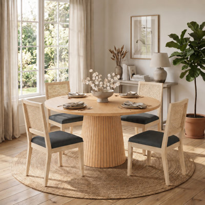 47" Round Pedestal Dining Set with Solid Wood Woven Cane Back Chairs, Seats 4 or 6