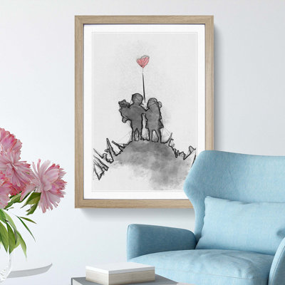 Boy & Girl with Red Balloon in Abstract - Picture Frame Painting Print on MDF