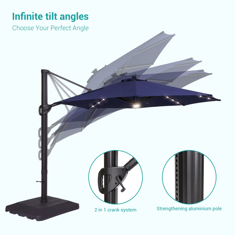 Navy Blue 11ft Cantilever Umbrella with LED Lights and Base