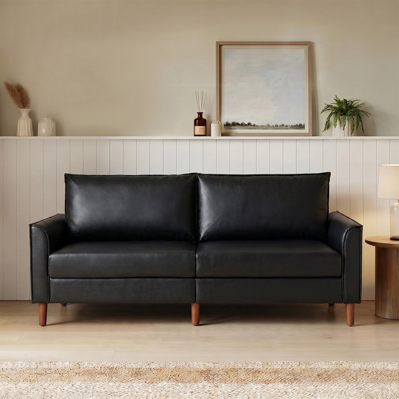 Alpha Mid-Century Modern Faux Leather Sofa With Solid Wood Legs, Black