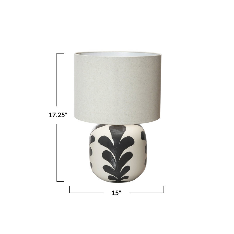 Lampe de table en grès à motif abstrait, abat-jour en lin et interrupteur en ligne