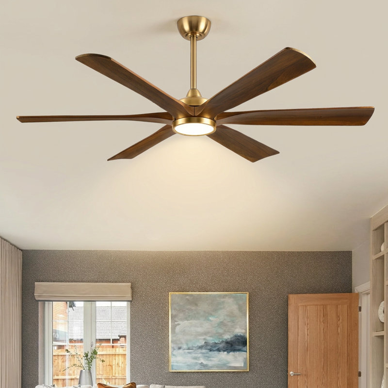 6 Blade Solid Wood Ceiling Fan with Gold Finish, Smart App Control, DC Reversible Motor, 3 Color LED Light & 6 Speed Quiet Operation (6”/12”/24” Downrods)