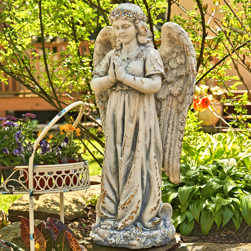 Statue de jardin ange priant en magnésium, Gris pierre