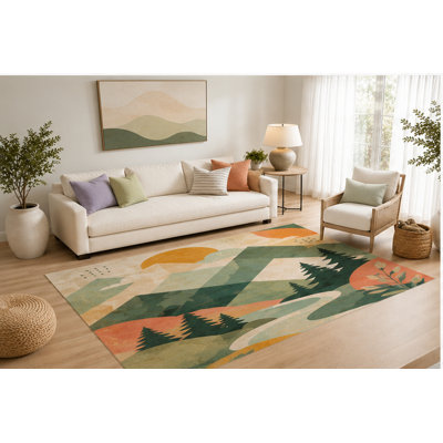 "Ultra Lightweight" 5' x 7' Mountain Forest Area Rug, Soft Low Pile Indoor Rug with Non-Slip Silicone Backing for Living Room, Bedroom, Dining Room, Office, Kids & Pets, Brown