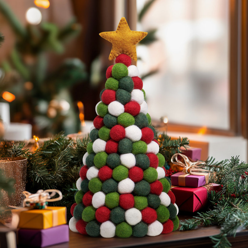  Arbre de Noël en laine feutrée à la main MODWOOL 12 po (tons de Noël), Blanc / vert / rouge / jaune