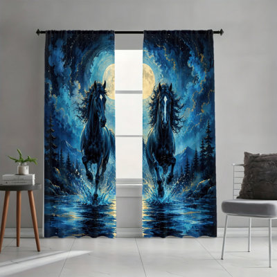 2 Panels Light Filtering Curtains, Full Moon Star Galloping Horse Moonlit Water Night Scene Art Print Decor, Easy Hang Rod Pocket Design, All Season Window Drapes for Living Room Bedroom Study Decoration
