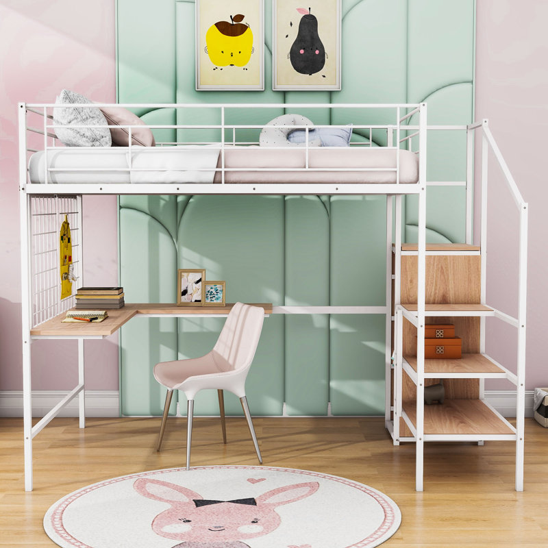 Hiroko Metal Loft Bed with Desk and Storage Ladder and Wardrobe, Full, White