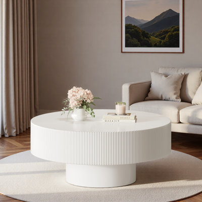 Modern Round Coffee Table With Edge Grooves, Thick Tabletop And Sturdy Base