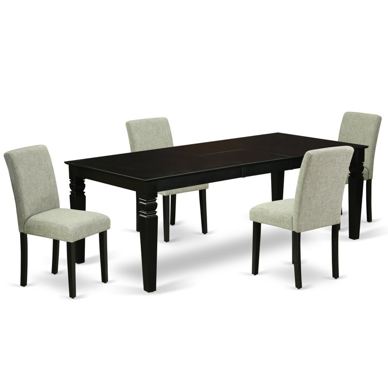 Ensemble de table de salle à manger 5 pièces moderne comprenant une table rectangulaire en bois avec feuille papillon et 4 chaises Parsons en tissu Shitake, noir