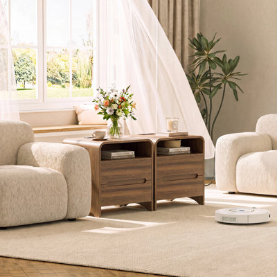 Table de chevet en bois, ensemble de 2 avec station de charge, table de chevet, ensemble de 2 avec station de charge, table de chevet ronde en bois