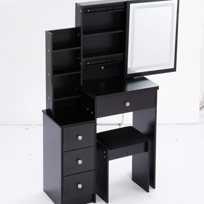Table de chevet à gauche avec siège rembourré et miroir à écran tactile à DEL, luminosité réglable, noir, petit espace américain - réglages de couleur du meuble-lavabo, tabouret rembourré,