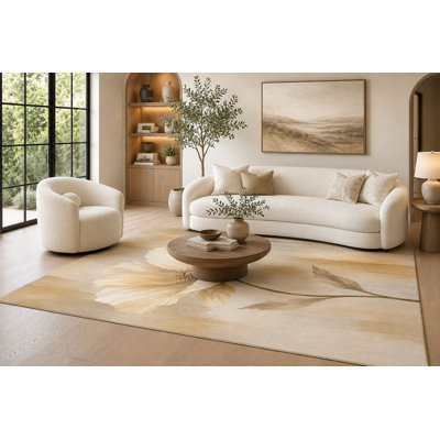 6'7" x 9'10" Beige, Ivory and Brown Poppy Bloom Area Rug for Living Room, Soft Low Pile Carpet with Non-Slip Backing for Bedroom, Dining Room and Home Office
